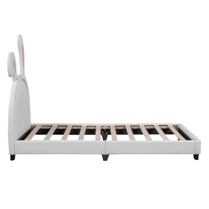 Adorable Twin/Full Upholstered Platform Bed with Rabbit Design, PU Leather, Sturdy Wood Frame, No Box Spring Needed