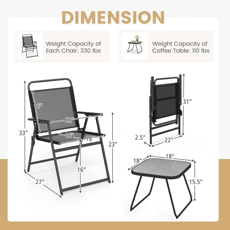 3 PCS Patio Bistro Set Folding Chairs & Table Set Patio Dining Set