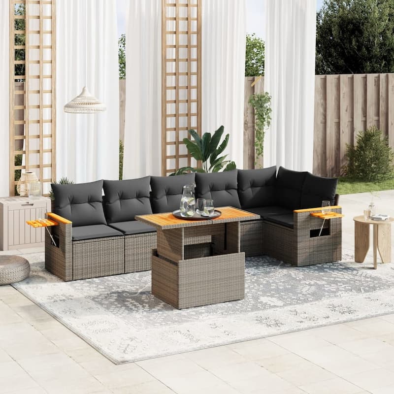 vidaXL Patio Sofa Set with Cushions Outdoor Furniture 7 Piece Poly Rattan - 21.7 x 39.4 x 28.7 in - Grey