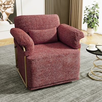 360 Degree Square Swivel Sofa Chair, Fluffy Upholstered Reading Chair with Gold Metal Legs, Red+Brown