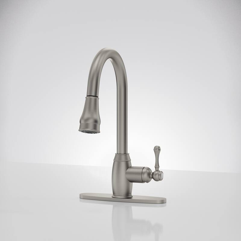 Single Handle Pull Down Sprayer Hot and Cold Kitchen Faucet 360° Spout Swivel with Deckplate - Brushed Nickel