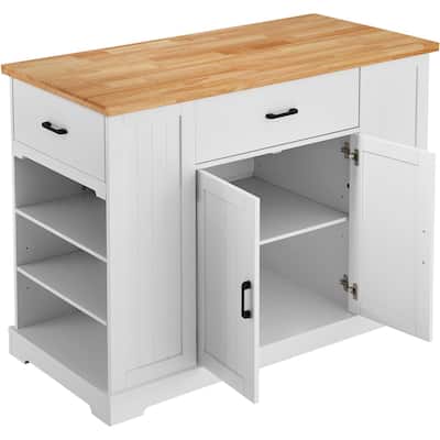 White Wooden Kitchen Island Serving Cabinet Cart with 3 Drawer and Side Open Shelves - 46x22x36 inch