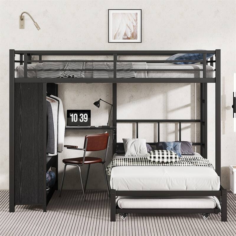 Queen Over Twin Bunk Bed w/Built-in Wardrobe,Metal Bunk Bed w/Trundle