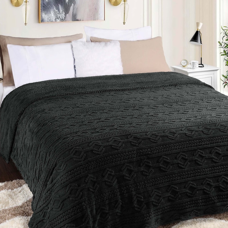 Superior Arctic Boho Jacquard Plush Fluffy Fleece Blanket - Twin - Black