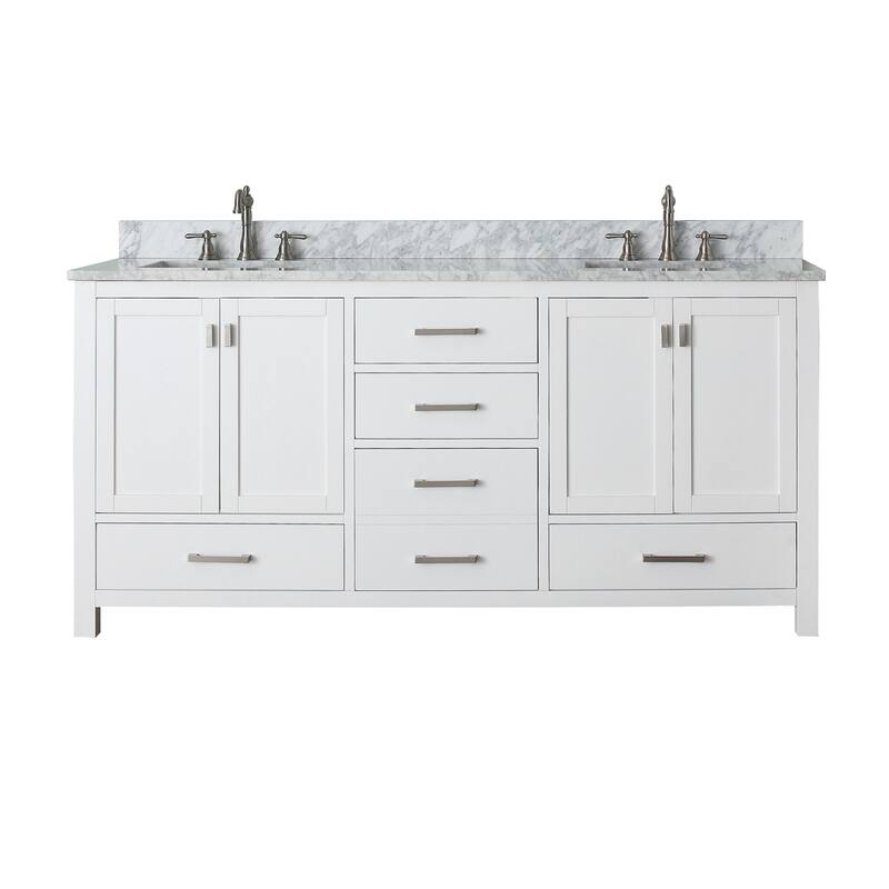 Modero 72 in. Double Sink Bathroom Vanity in White with Carrara Marble Top - 73"W x 22"D x 35"H - White