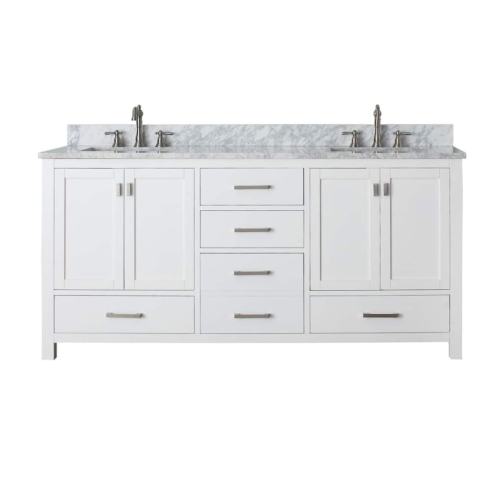 Modero 72 in. Double Sink Bathroom Vanity in White with Carrara Marble Top - 73"W x 22"D x 35"H