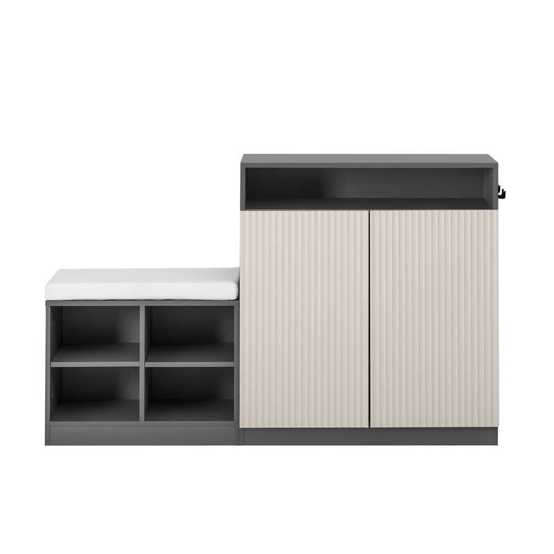 Livingroom Cabinet with Shoe Bench, 2 Doors and 3-Tier Adjustable Shelves, Entryway Bench with 4 Open Shoe Racks