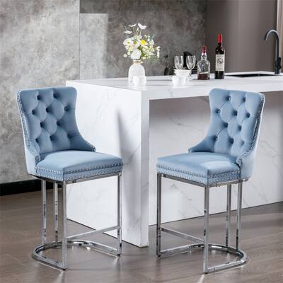 Counter Height Velvet Bar Stools Set of 2 with Sturdy Chromed Metal Legs