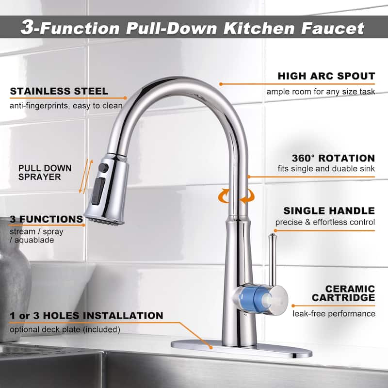 WOWOW Single-Handle Pull-Down Sprayer Kitchen Faucet Stainless Steel