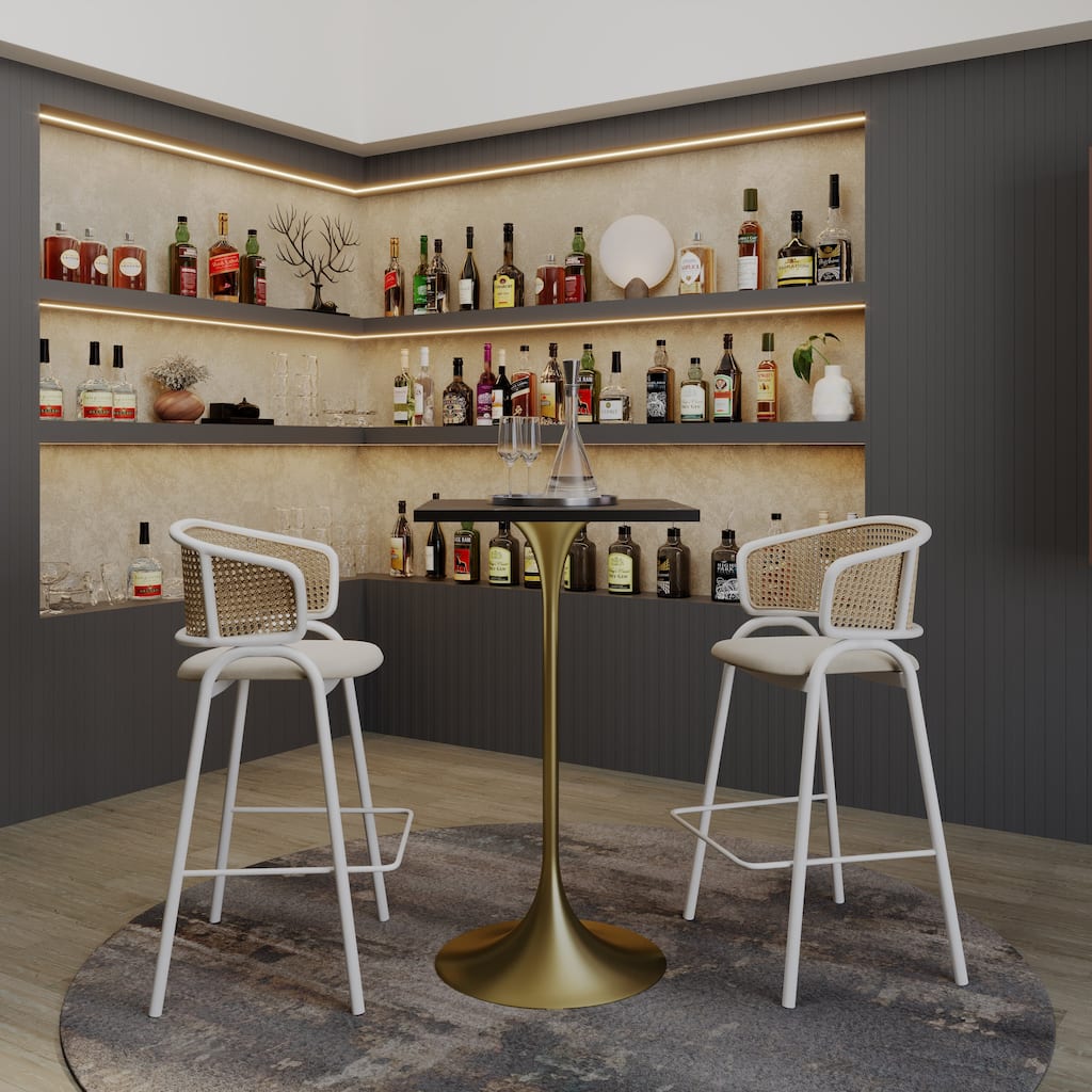 Verve 43 in. Tall Bar Height Dining Table Square MDF Wood Tabletop in Gold Stainless Steel Pedestal Base Accent Bar Table