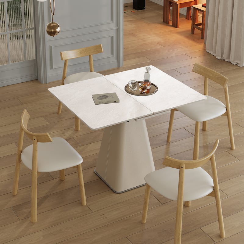 Retractable Rock Slab Dining Table Set, Modern 5-Piece Expandable Table with 4 Wooden Leg Chairs & Leather-Wrapped Base - White,Natural