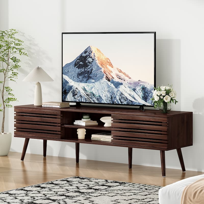 Mid Century Modern TV Stands for up to 70" TV with Storage, Fluted Wood TV Stand for Living Room, Boho Media Console