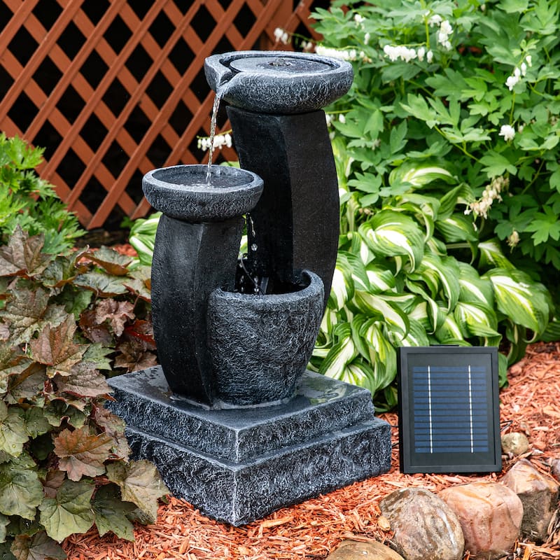 28" Modern Cascading Bowls Solar Water Fountain with Battery & LED