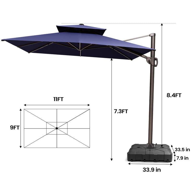 Pellebant 9X11FT Outdoor Dual Top Patio Umbrella Cantilever Offset with Base
