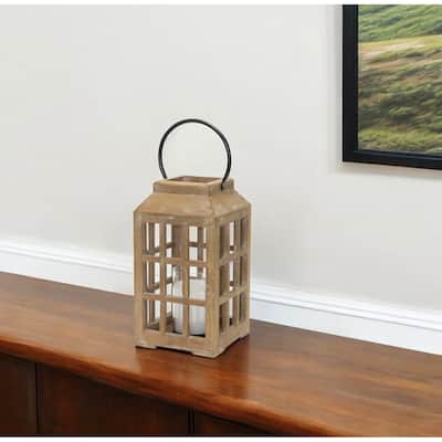 13" Natural Wood and Glass Hurrican Lantern Candle Holder - One Size