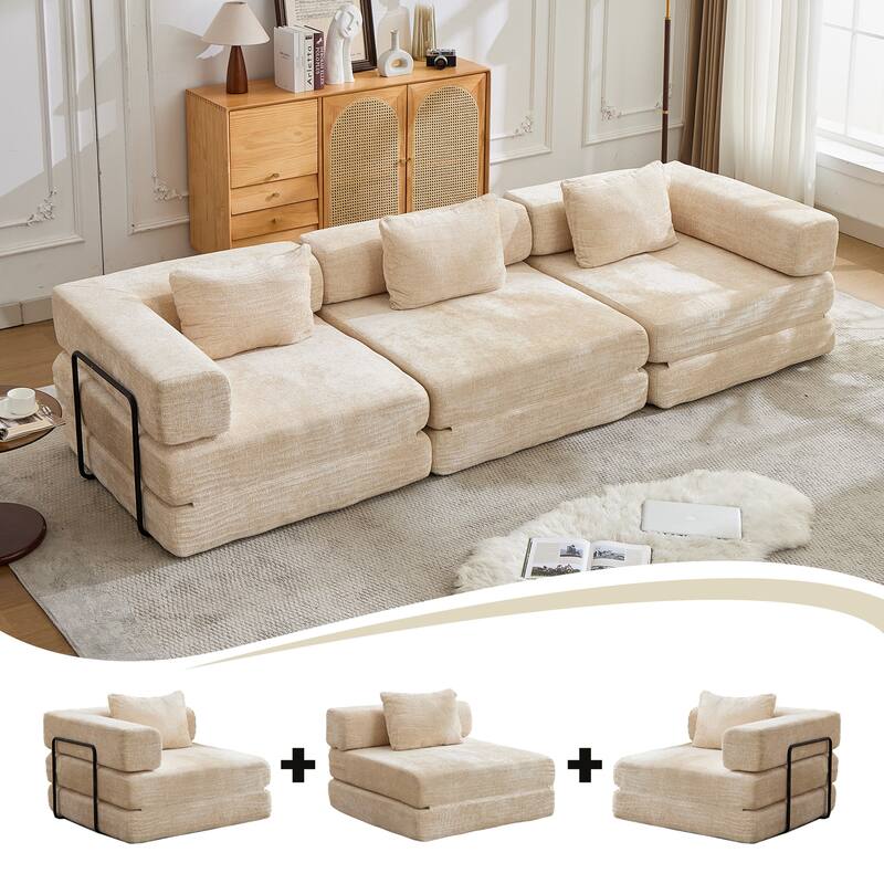 Free Combination Lazy Folding Sectional Sofa Chenille Modular Sleeper Sofa Bed Floor Standing Compression Mattress