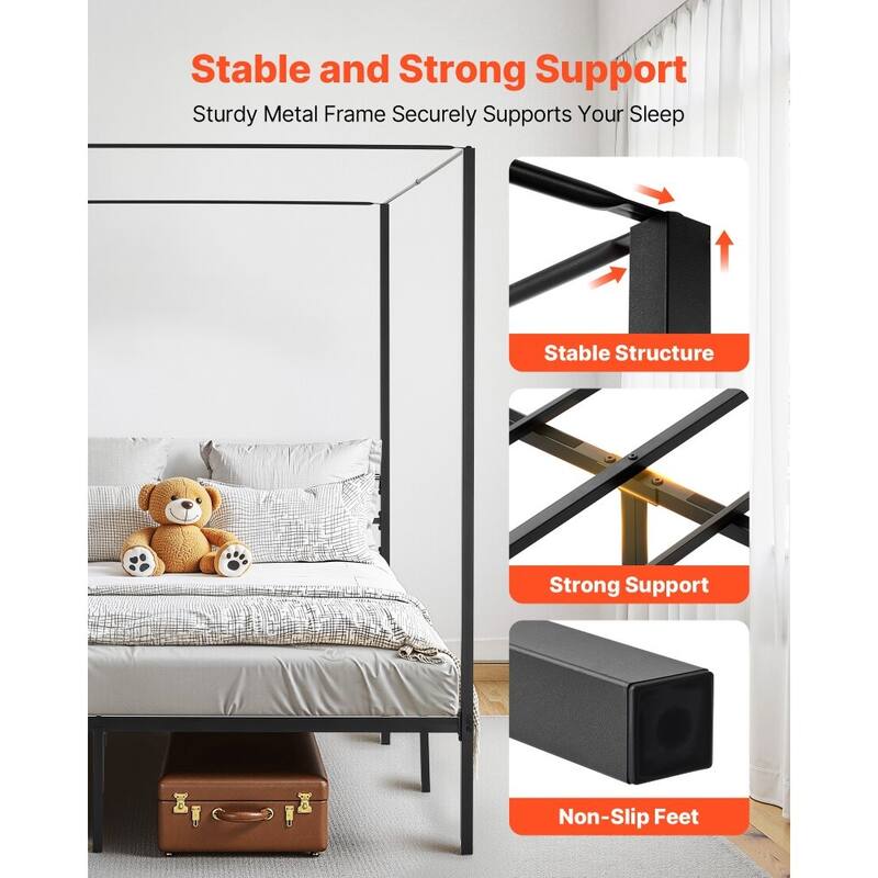 Black Metal Canopy Bed Frame King Size with 12.4 Inch Storage Space and Strong Slats