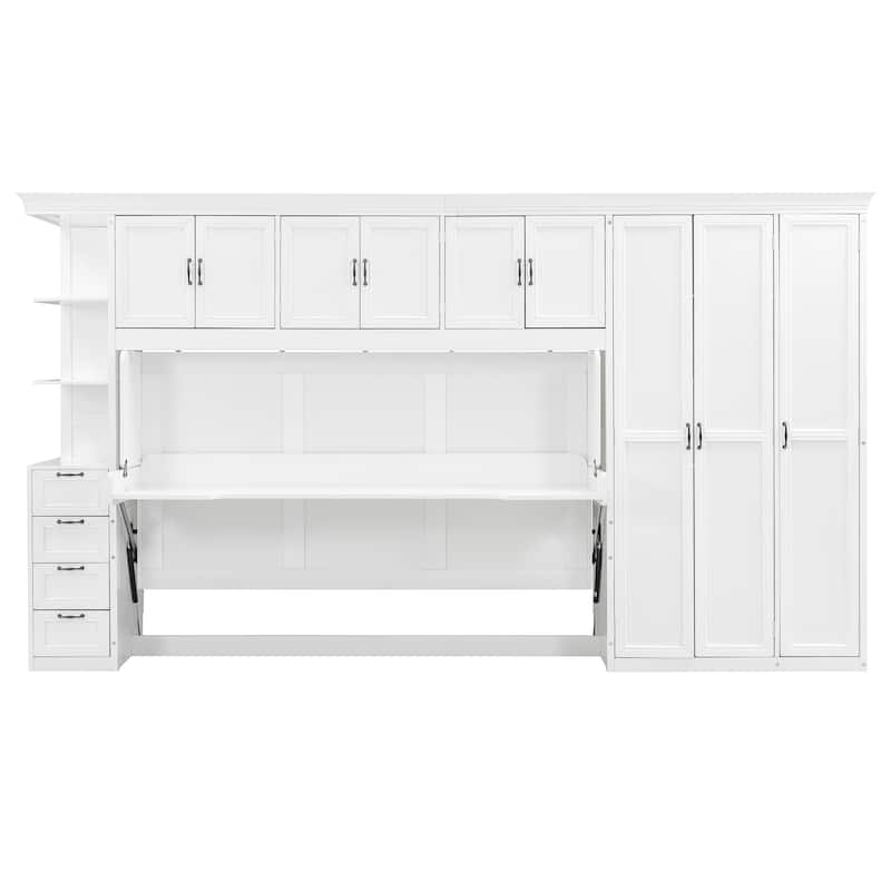 Versatile Twin Size Murphy Bed Fold-down Storage Wall Bed with Temporary Desk, Top Cabinets, Side Wardrobe, Drawers and Shelves
