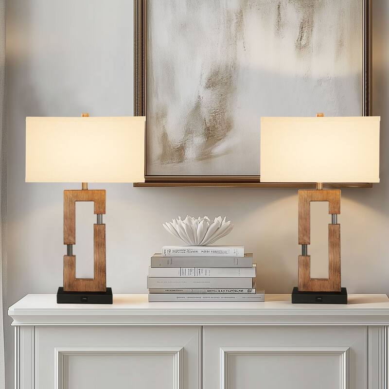 26-inch Wood Table Lamps For Living Room/Bedroom Set of 2 - Dark Wood