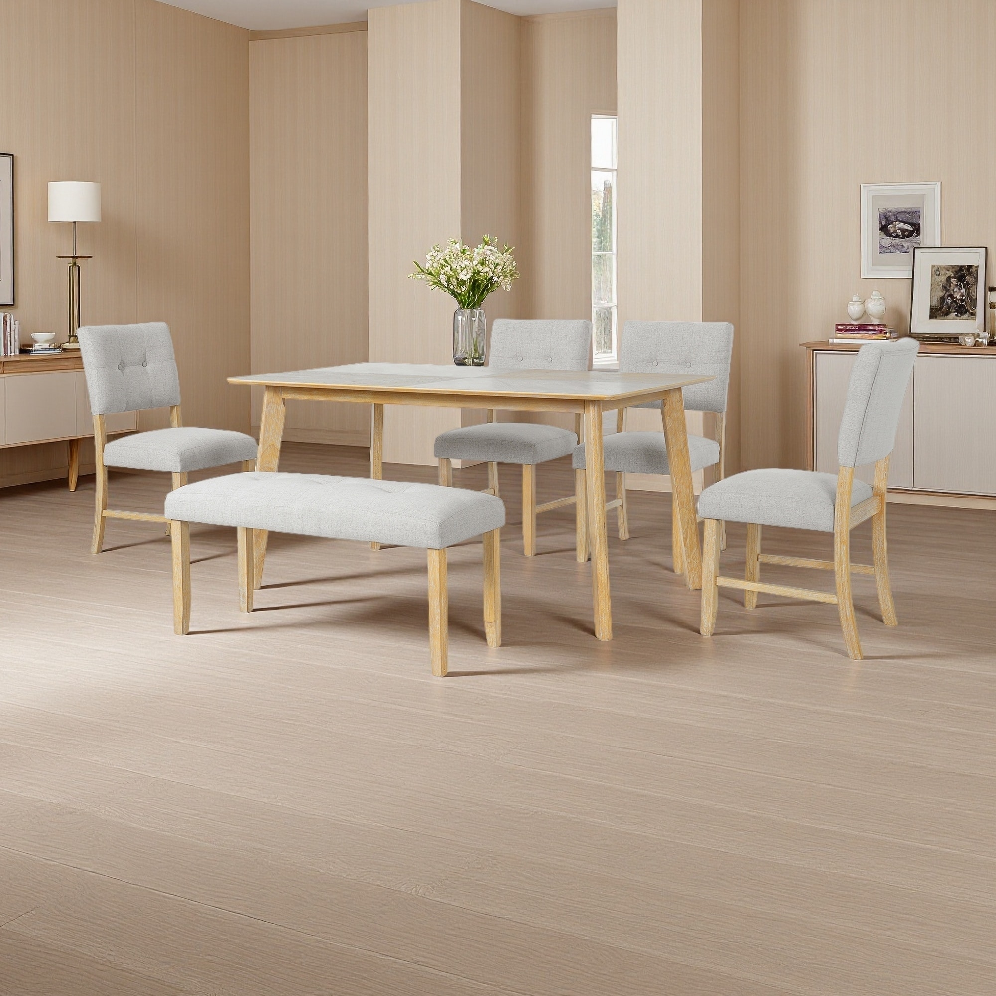 6-Piece Rustic Farmhouse Dining Set, Rectangular Table with 4 Upholstered Chairs & Bench, Solid Wood for 6, Easy Assembly