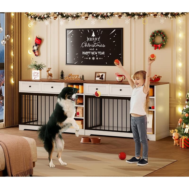 Wooden Dog Cage Furniture Indoor Crate Kennel TV Stand with Drawers Shelves