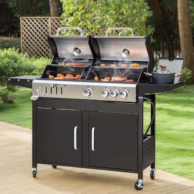 Propane & Charcoal Grill Combo with Side Burner, Porcelain Grates, Dual Fuel BBQ for Outdoor Cooking, 690 SQIN Cooking Area