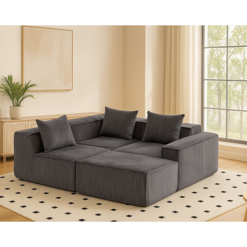 Modular Sleeper Sofa Bed Corduroy L-shaped Sectional Sofa with Chaise Floor Standing Multi Person Compressed Sofa with Ottoman