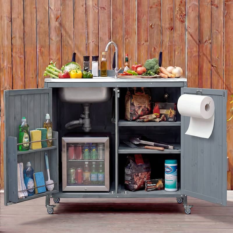 39.4" Rolling Outdoor Kitchen Island with 304 Stainless Steel Sink, Faucet & Cabinet for Pizza Prep