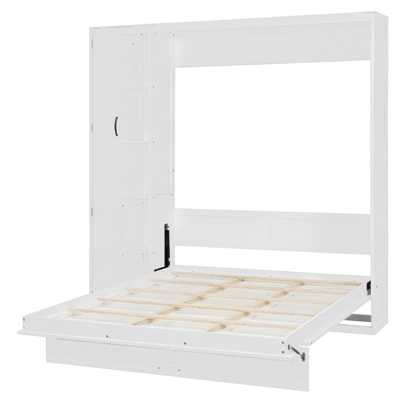 Queen Size Wall Bed with Shelves, Wardrobe, and LED Lights, Space-Saving Design