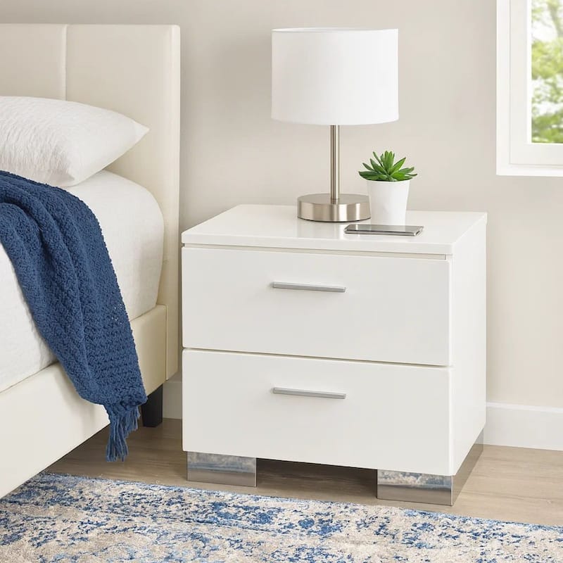 2 Drawer Wooden Nightstand with Metal Base and Bar Handles, White