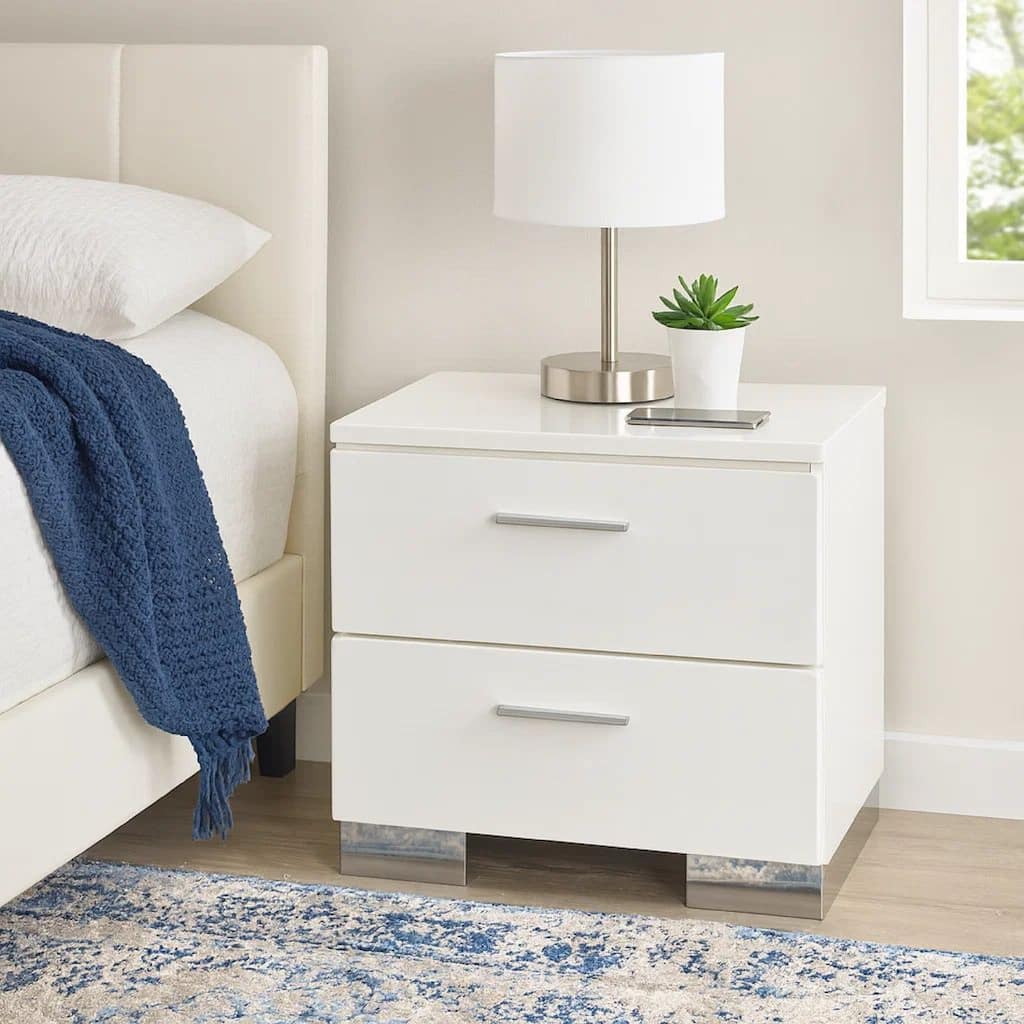 2 Drawer Wooden Nightstand with Metal Base and Bar Handles, White