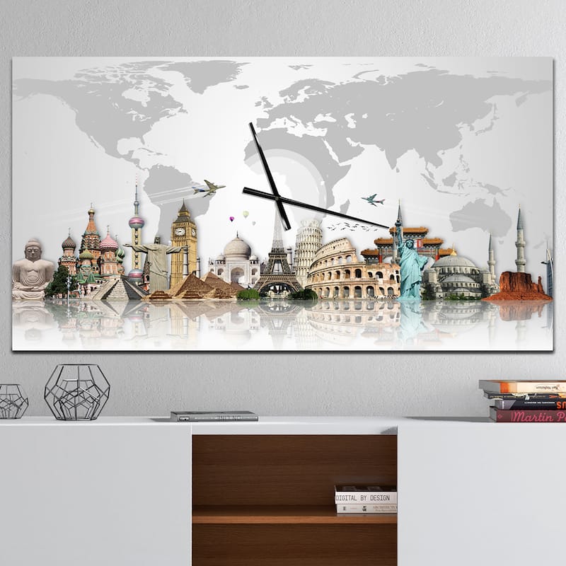 Designart 'Famous Monuments Across World' Large Industrial Wall CLock