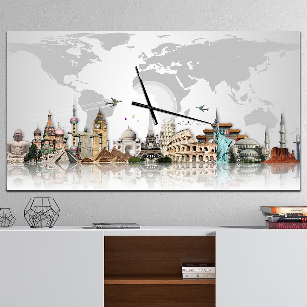 Designart 'Famous Monuments Across World' Large Industrial Wall CLock