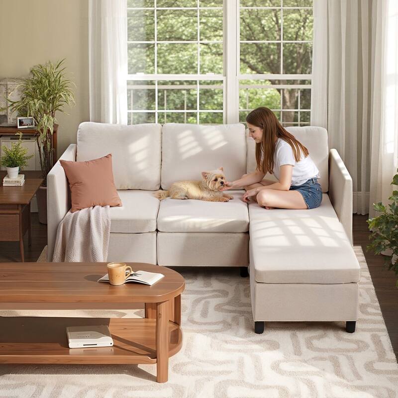 Beige Cotton-Linen Modular Sectional Sofa with Storage, Plush Cushions anda Kid-Friendly Design - 78.3 x 24 x 24 in