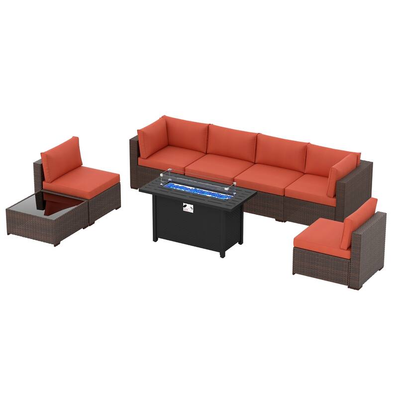 Outdoor Wicker Sectional Sofa 8-Piece Set with Fire Pit Table