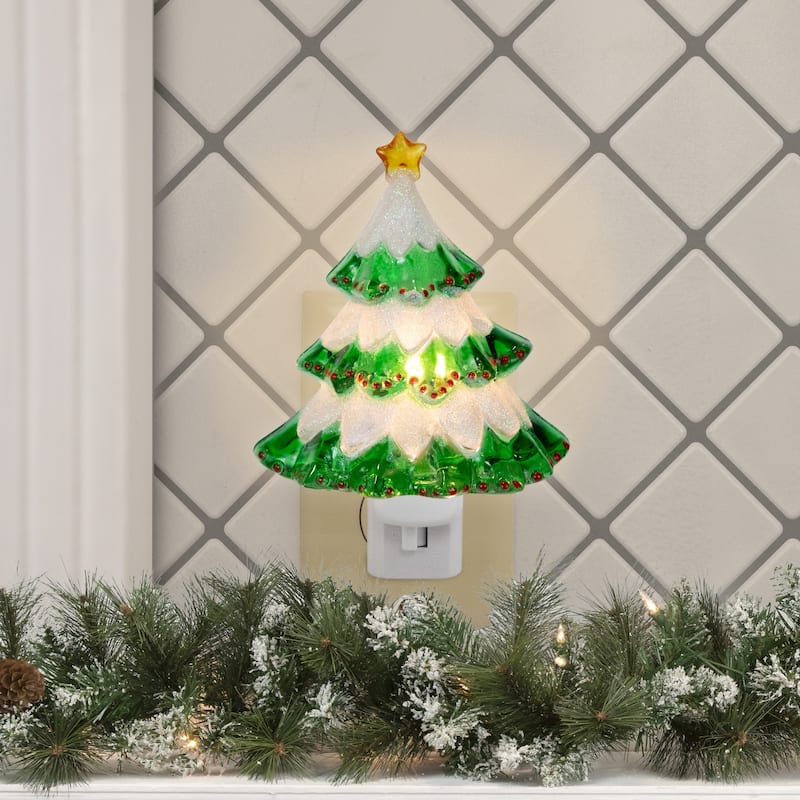 Glittered Christmas Tree Night Light - 5.75" - Green
