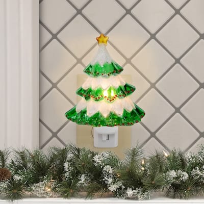 Glittered Christmas Tree Night Light - 5.75" - Green