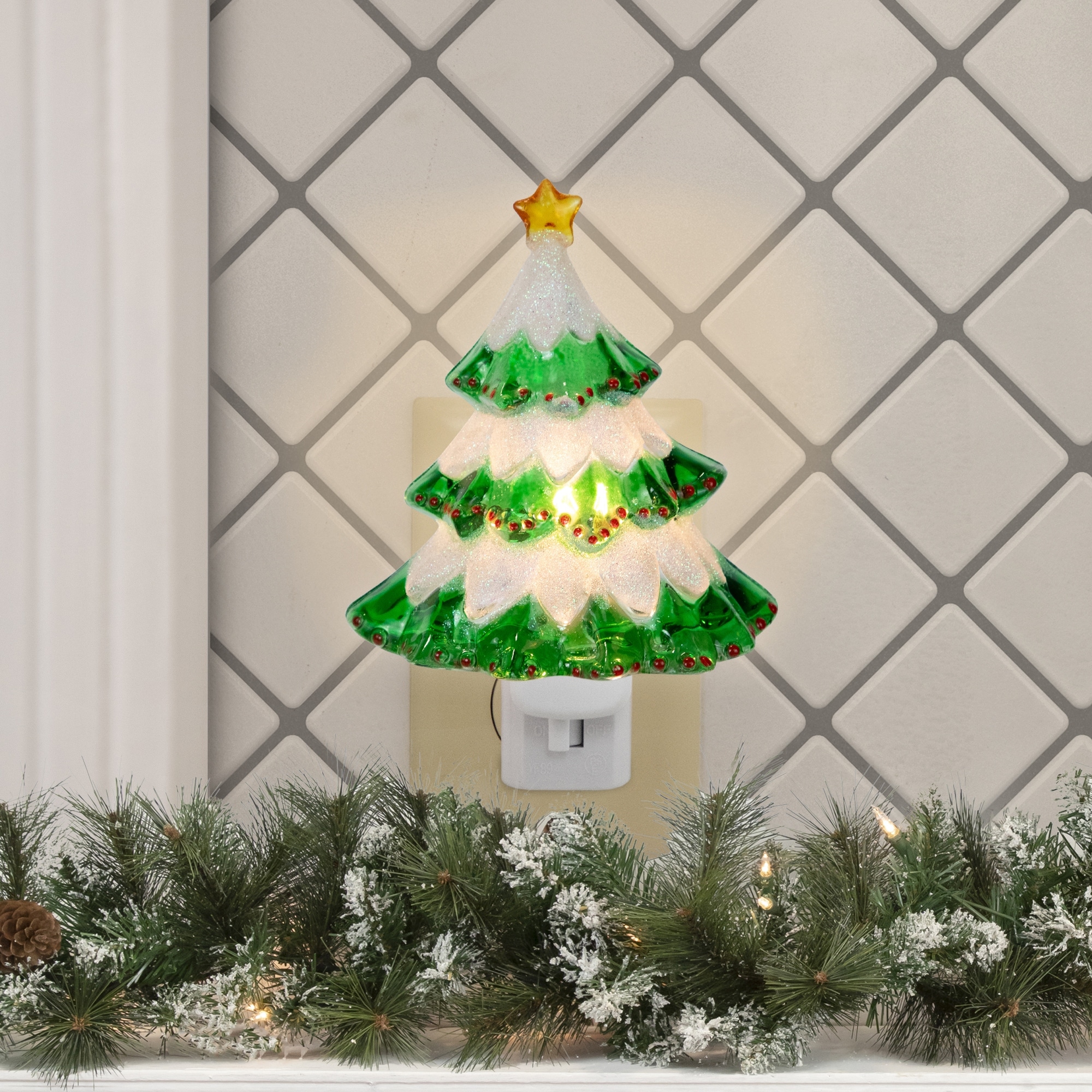 Glittered Christmas Tree Night Light - 5.75" - Green