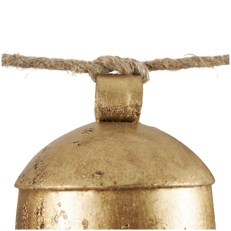 Metal Tibetan Inspired String Hanging Indoor Outdoor Decorative Cow Bells on Jute Hanging Rope - Gold - Roche River Decor