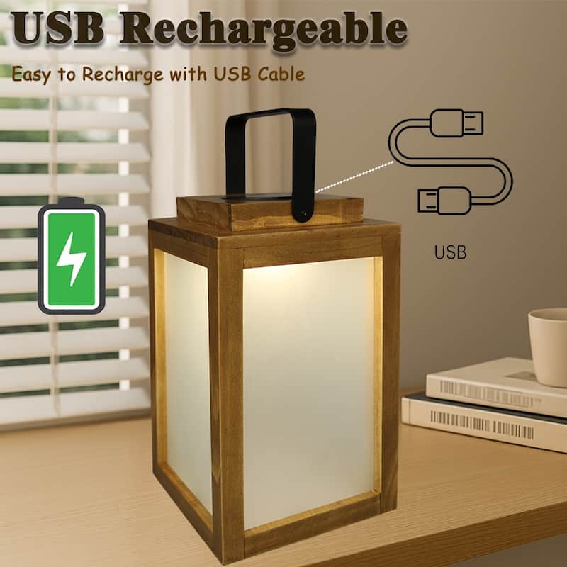 H11" Farmhouse LED Solar Lantern with Wood Farm and Frosted Glass Panl Ourdoor Garden Decorative Hanging Lanterns - W7''