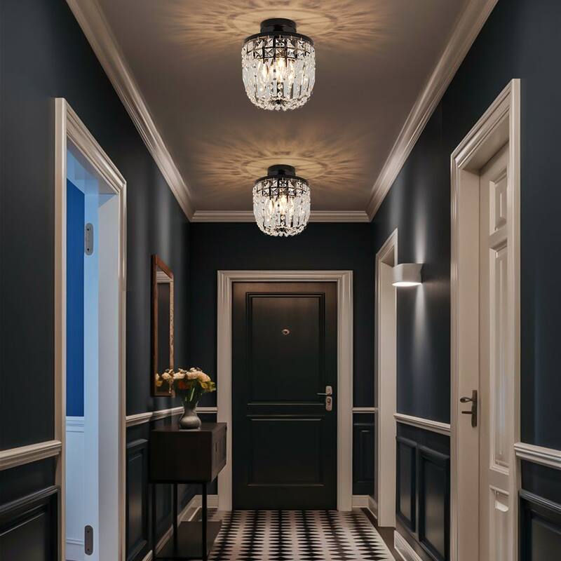 Minimalist 3-light Black Round Crystal Semi Flush Ceiling Light