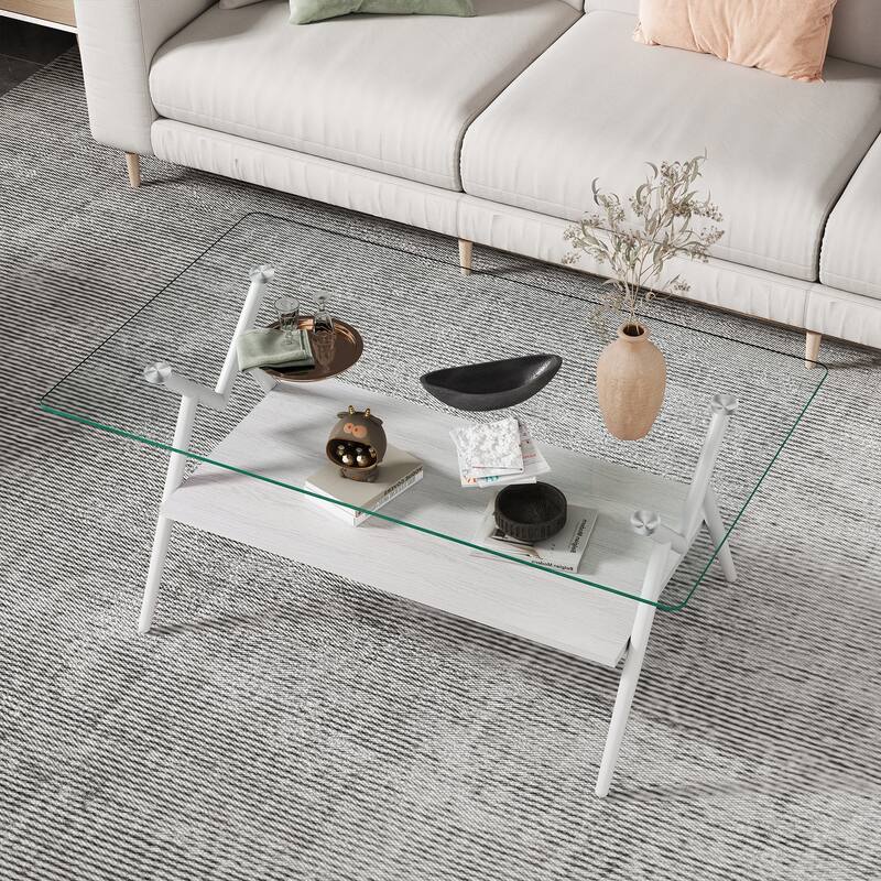 Rectangle Coffee Table with Tempered Glass top and White Metal Legs - N/A