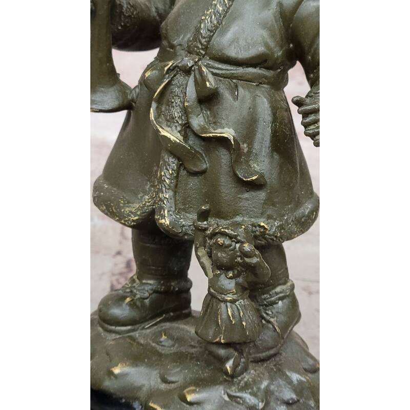 Bronze Winter Child Sculpture – Girl With Horn And Doll Figurine On Base