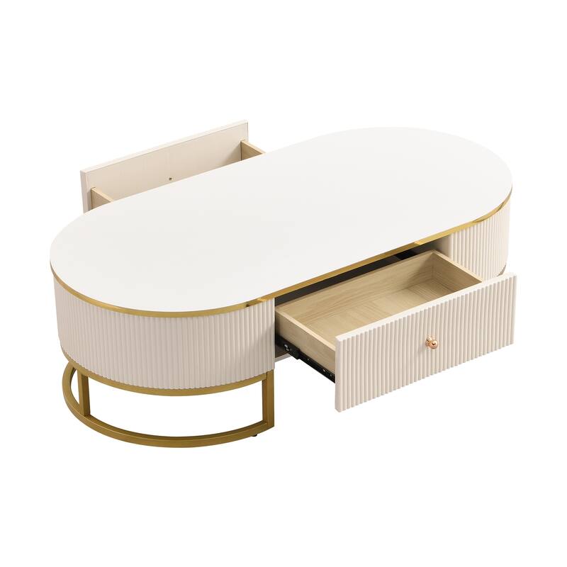 Luxurious Center Table Decorative Table for Living Room, Oval Coffee Table White Gold Sofa Table with Drawers