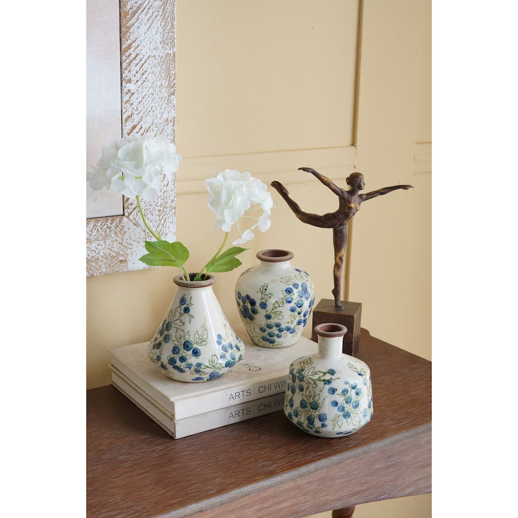 S/3 White Ceramic Mini Vases With Blue Berry Motif