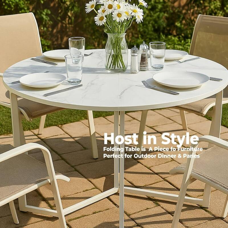 White Carrera Foldable Round Trifold Table 43" Modern Multi-Use Design