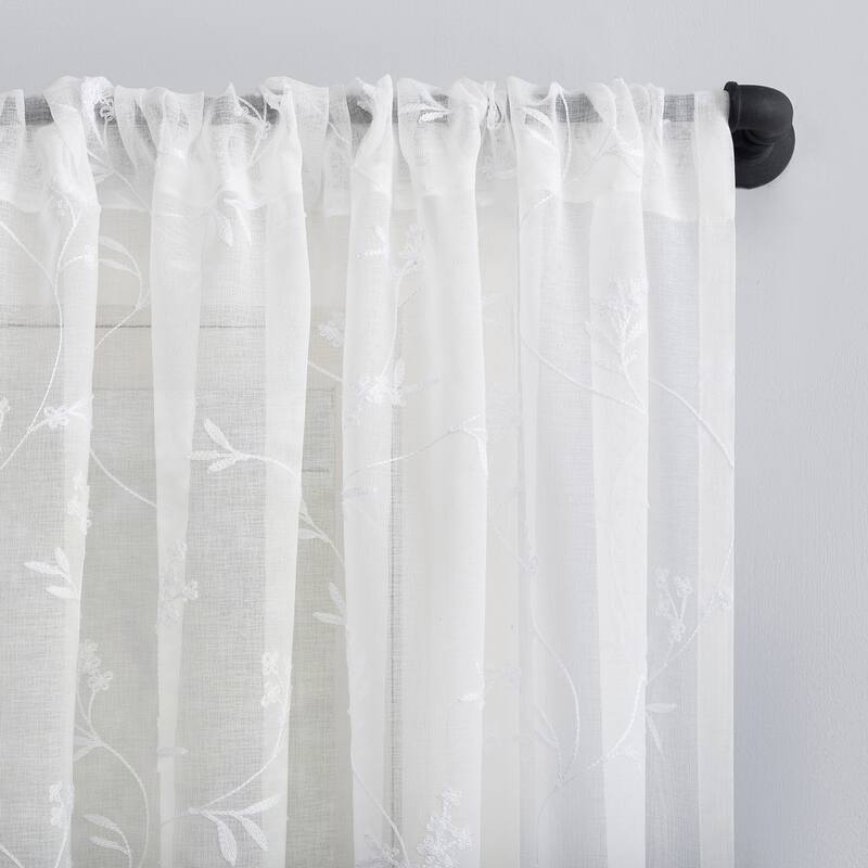 No. 918 Delia Embroidered Floral Sheer Rod Pocket 1-Piece Curtain Panel, Single Panel