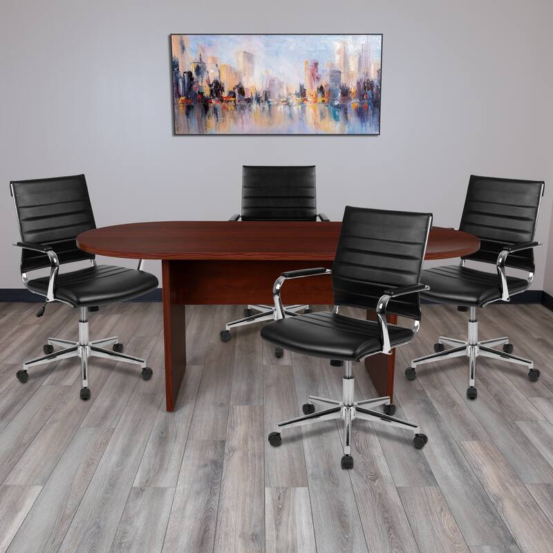 5 Piece Oval Conference Table Set with 4 LeatherSoft Ribbed Executive Chairs - Mahogany