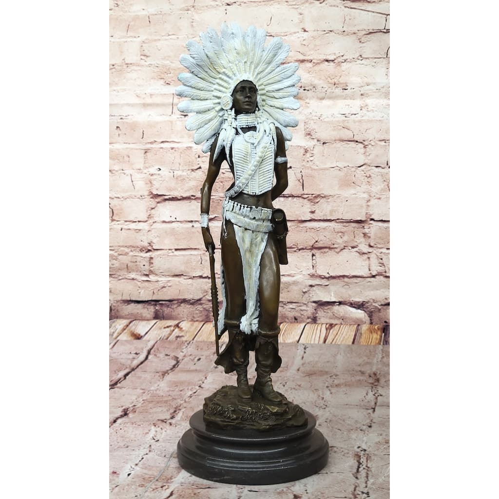 Native American Girl In Feathered Bonnet Bronze Statue Signed Original