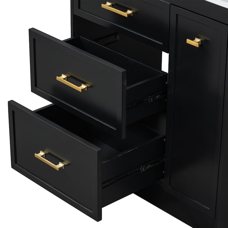Classic Floor Storage Cabinet Freestanding Vanity for Bathroom with Side Double Layer Drawer, 2 Drawers and Gold Handles